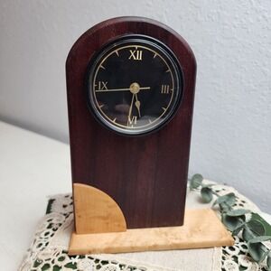 Vintage Wood Mantel Desk w/ Plastic Clock Roman Numeral Face MCM Style‎ Two Tone